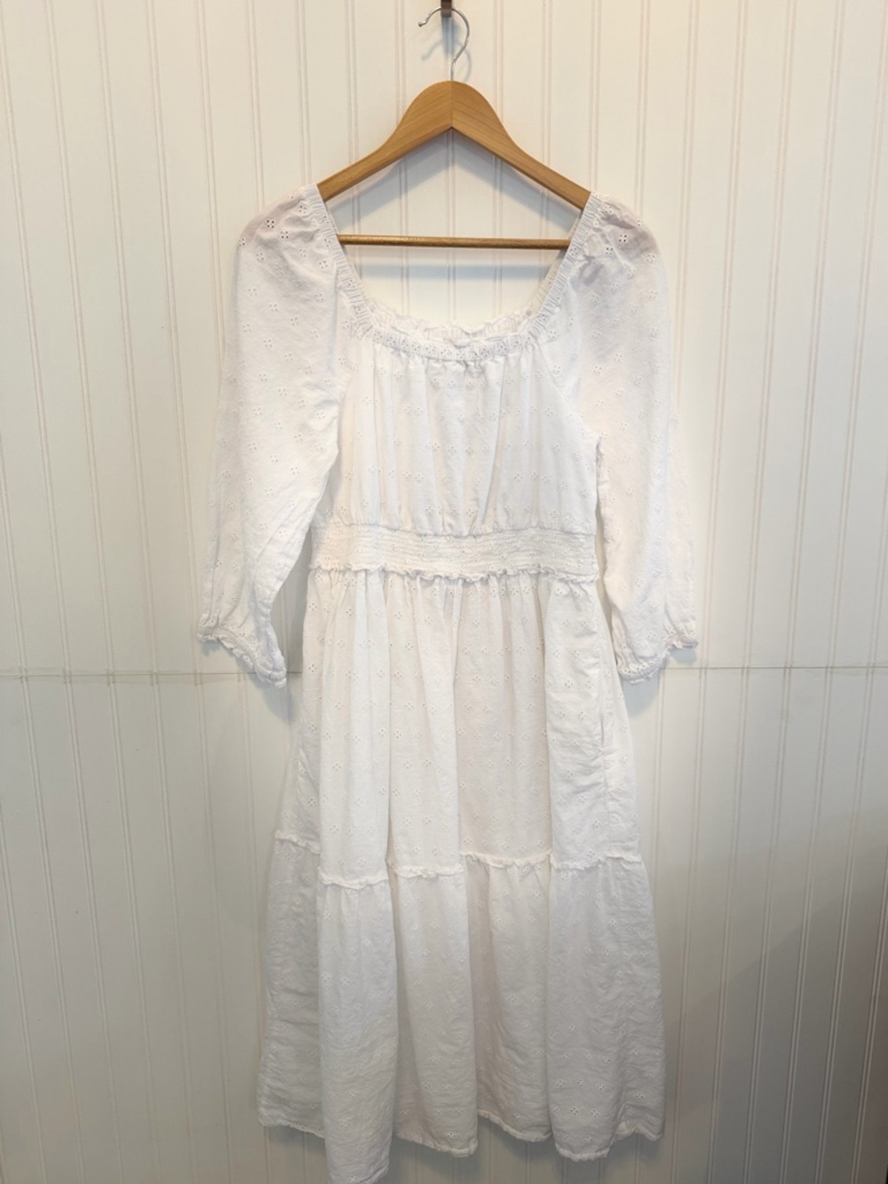DownEast - White Cotton Eyelet Midi Dress - Classic Peasant Style